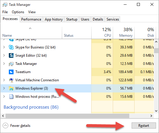 closed windows explorer in task manager