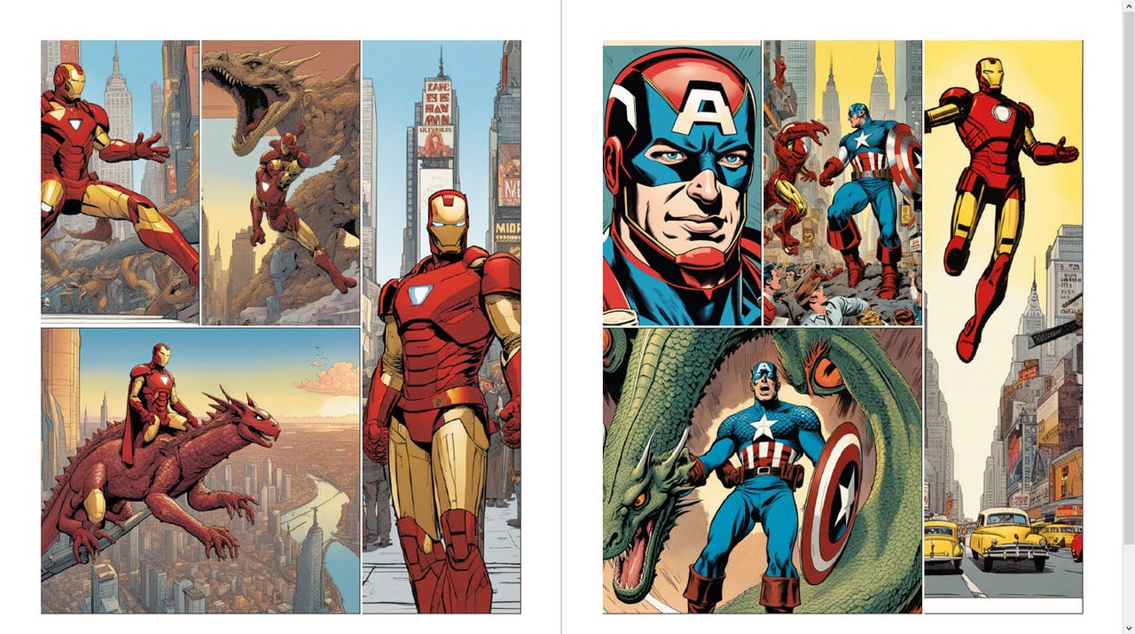 AI-generated comic book panels of Iron Man and Captain America