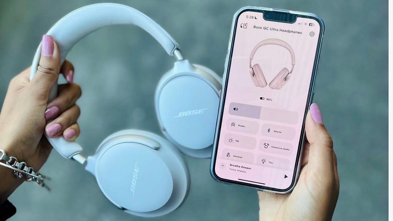 Bose QuietComfort Ultra in White Smoke and the Bose Music companion app