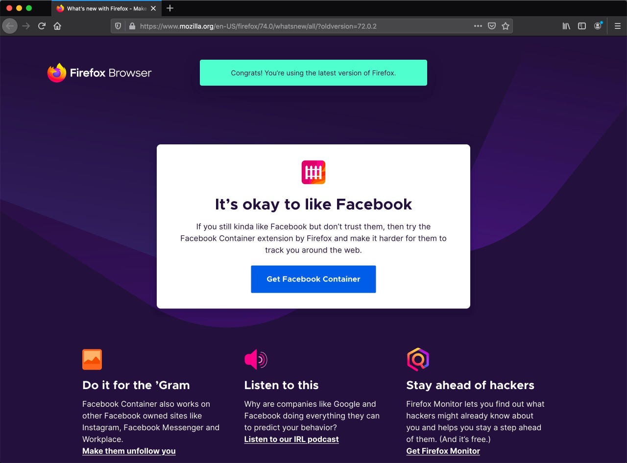 Facebook Container extension prevents Facebook tracking in Firefox