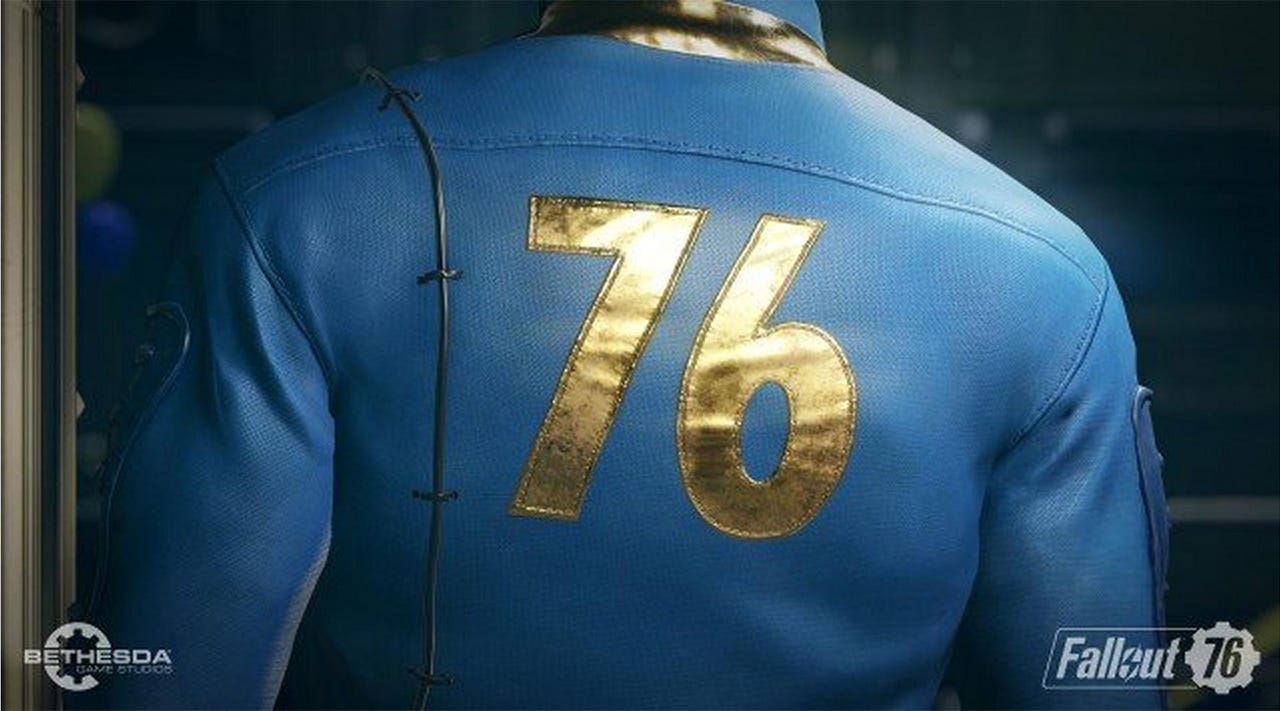 Tangkapan layar dari Fallout 76 menunjukkan bagian belakang seragam jumpsuit Vault 76
