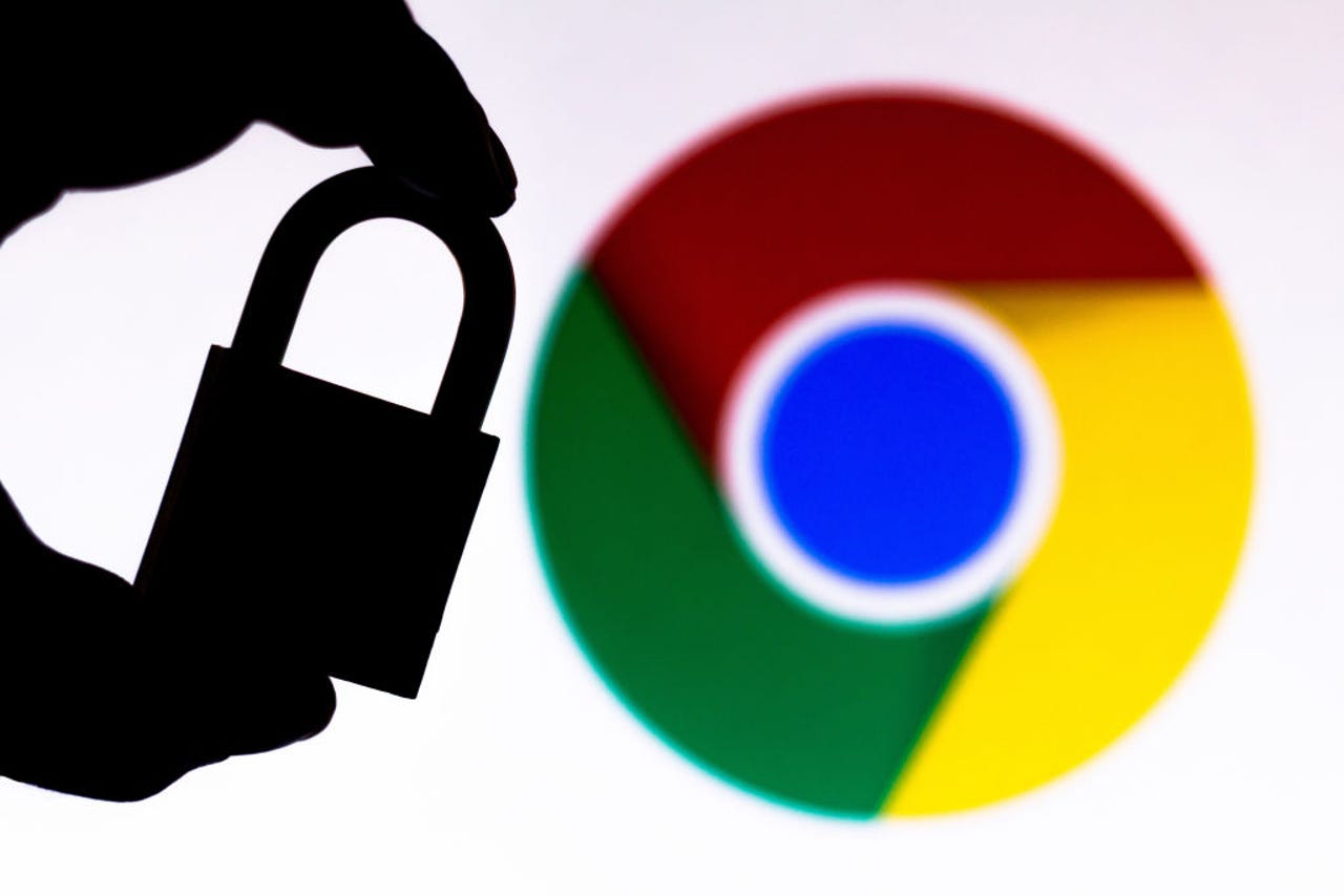 Google Chrome logo with hand holding a lock next to it