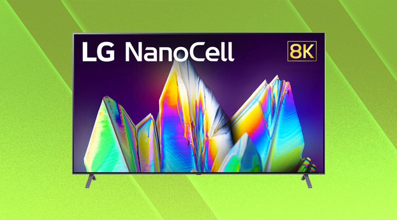 An LG Nano99 8K TV on a green background