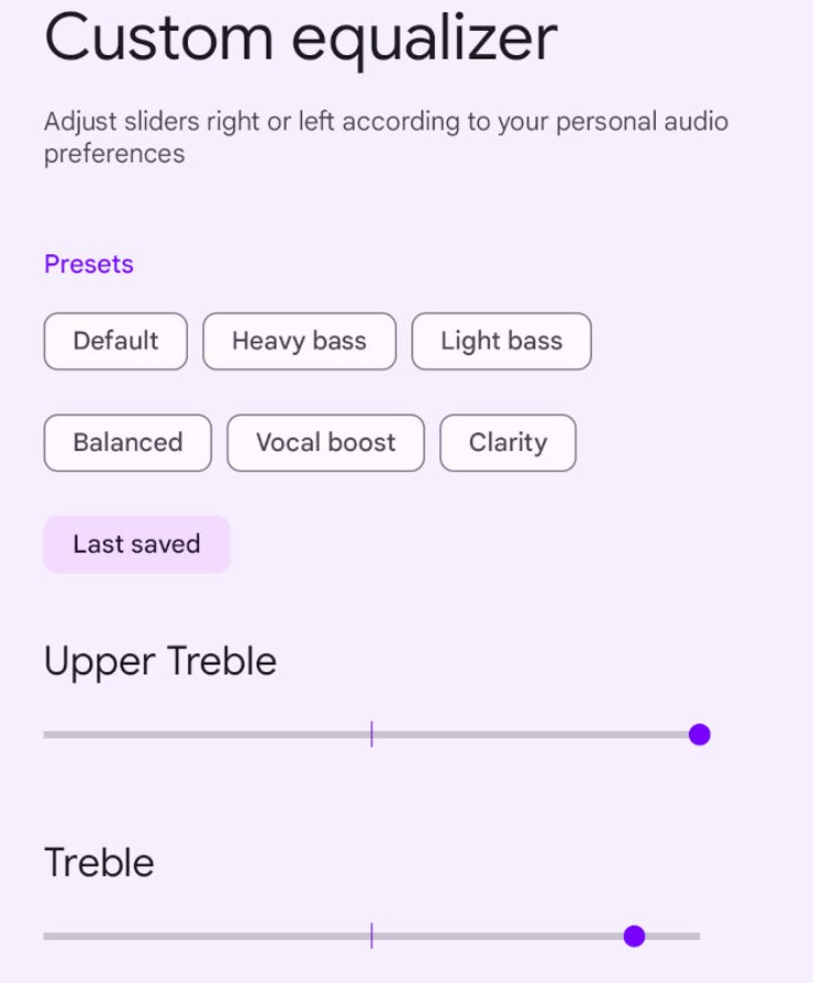 The Pixel Buds Pro EQ settings page.