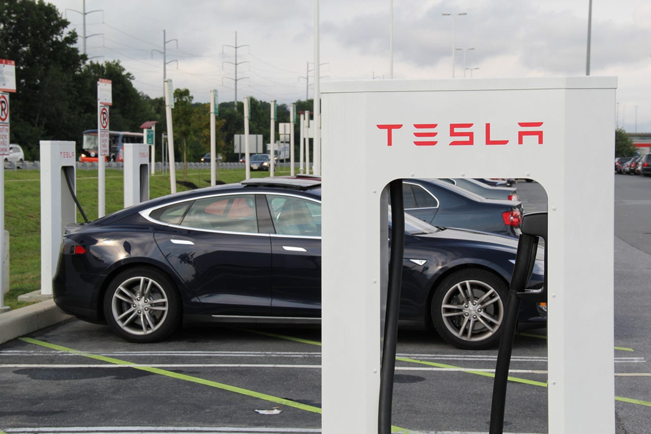 Tesla Model S at a Supercharger station
