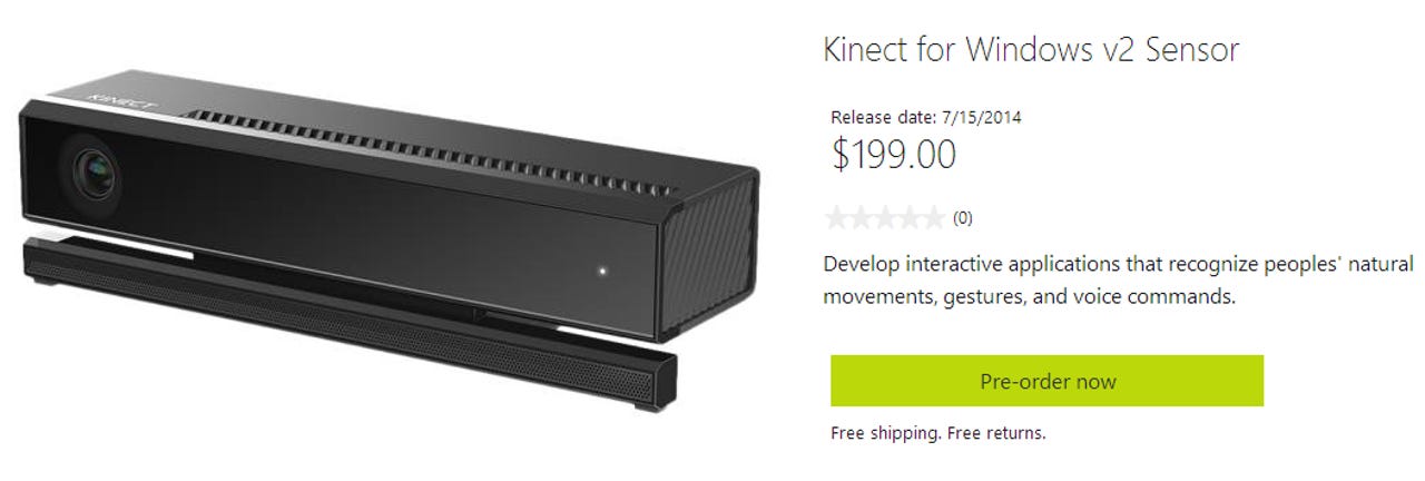 Microsoft Kinect for Windows v2 sensor available for preorder for