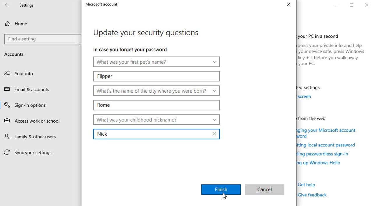 Update security questions and answers for a local Windows account