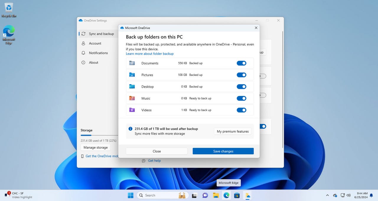 The folder backup screen in OneDrive