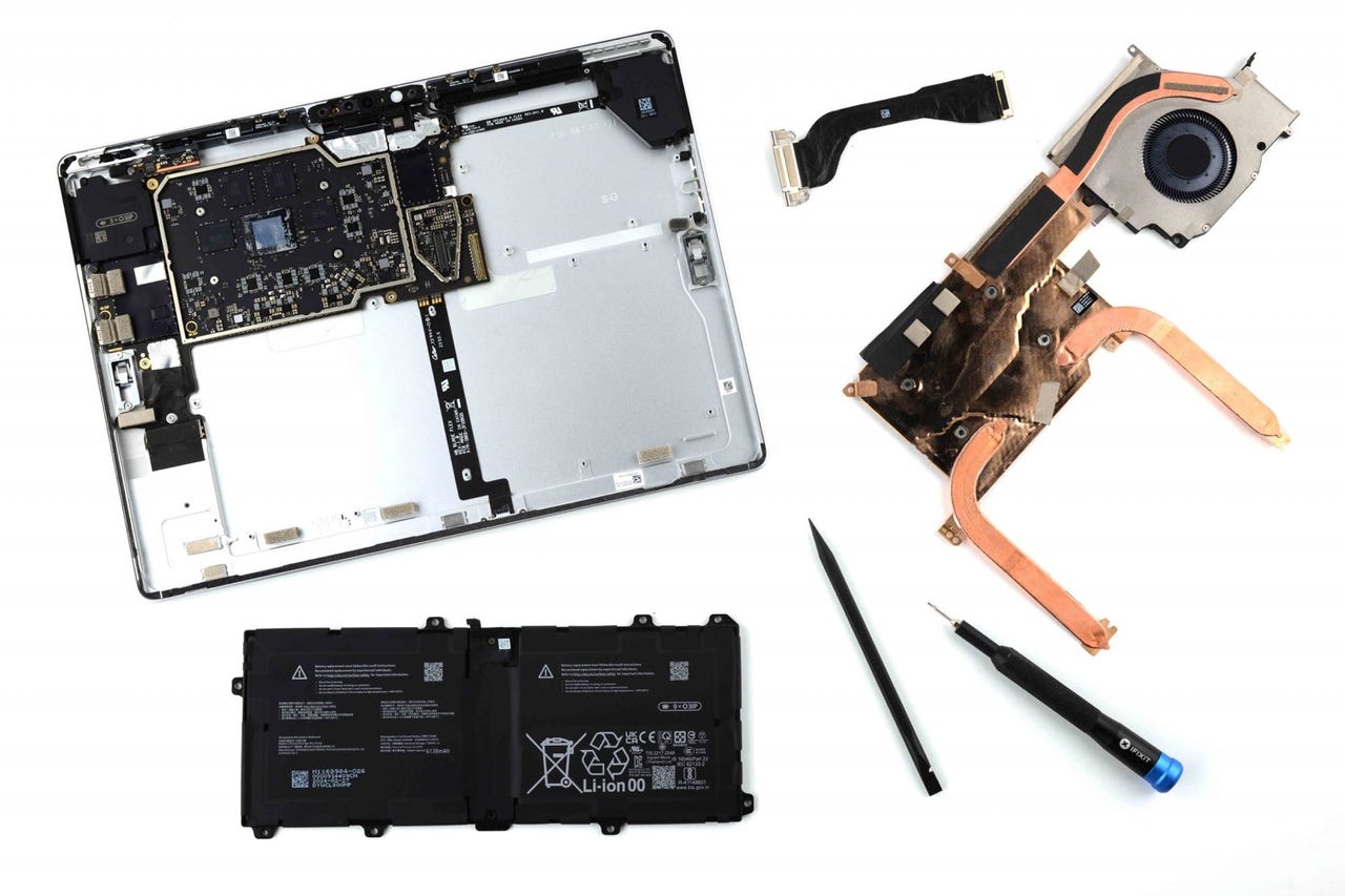 Inside the Surface Pro 11, and priority has been given to making the battery adn fans easier to repair or replace.